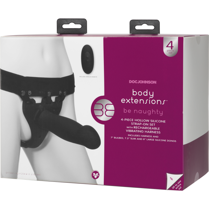 Body Extensions - BE Naughty 4-Piece Set - Rechargeable Vibrating Silicone Harness with 7" Bulbed / 7.5" Slim / 8" Large Dong