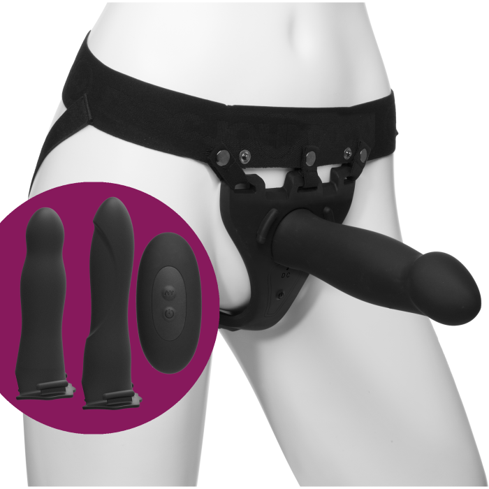 Body Extensions - BE Naughty 4-Piece Set - Rechargeable Vibrating Silicone Harness with 7" Bulbed / 7.5" Slim / 8" Large Dong