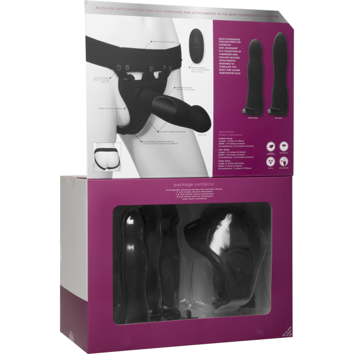 Body Extensions - BE Naughty 4-Piece Set - Rechargeable Vibrating Silicone Harness with 7" Bulbed / 7.5" Slim / 8" Large Dong