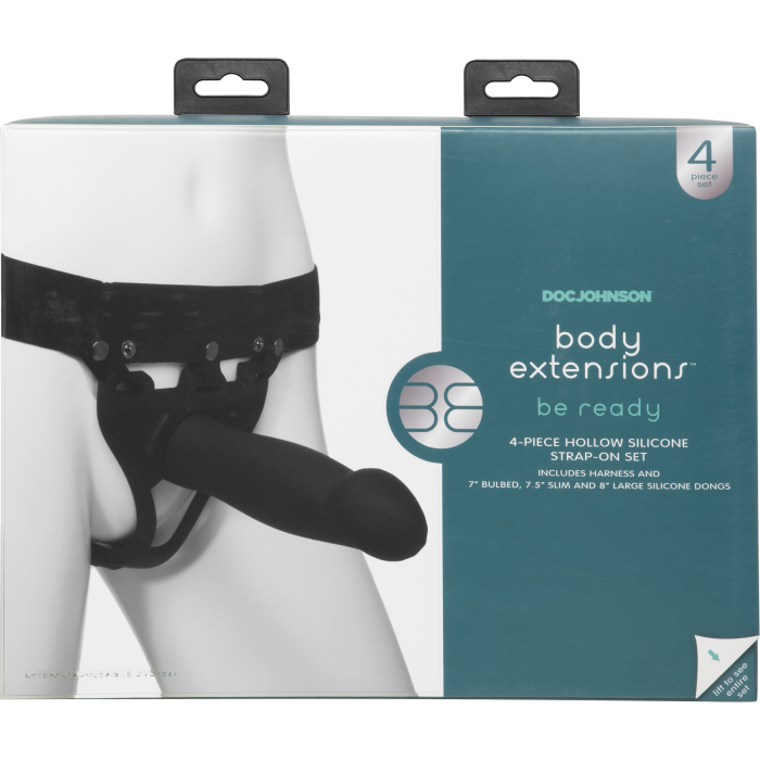 Body Extensions - BE Ready 4-Piece Set - Silicone Harness with 7" Bulbed / 7.5" Slim / 8" Large Dong