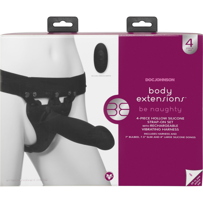 Body Extensions - BE Naughty 4-Piece Set - Rechargeable Vibrating Silicone Harness with 7" Bulbed / 7.5" Slim / 8" Large Dong