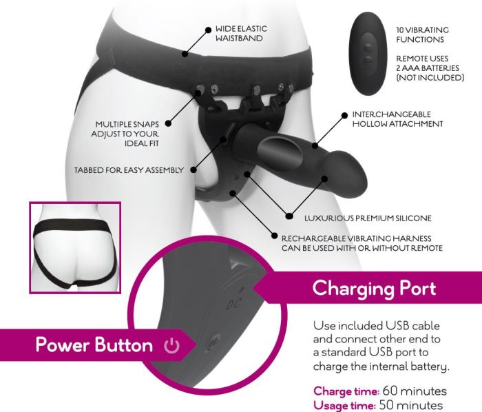 Body Extensions - BE Naughty 4-Piece Set - Rechargeable Vibrating Silicone Harness with 7" Bulbed / 7.5" Slim / 8" Large Dong